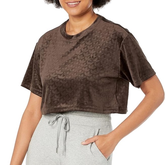Adidas Cropped Velvet Monogrammed Tee Brown NEW without tags - Picture 2 of 4